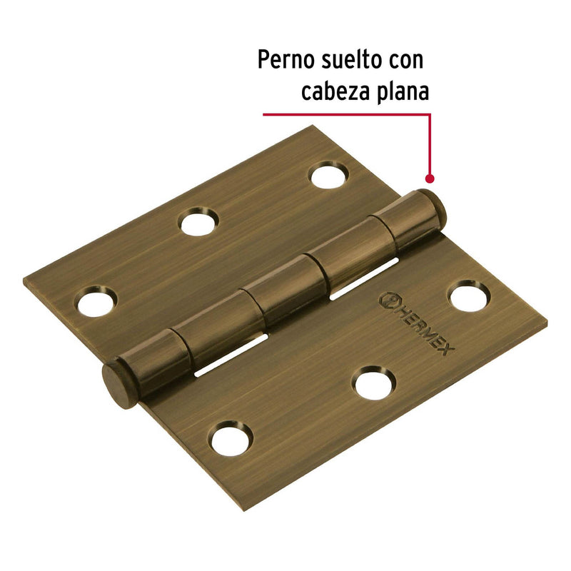 Bisagra cuadrada 3", acero latonado antiguo, plana