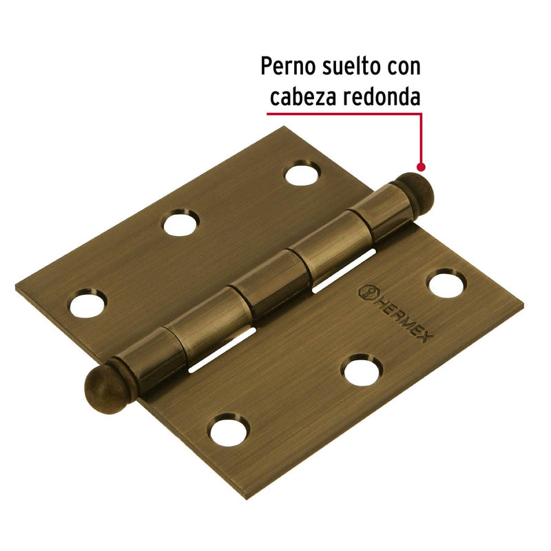 Bisagra cuadrada 3", acero latonado antiguo, redonda