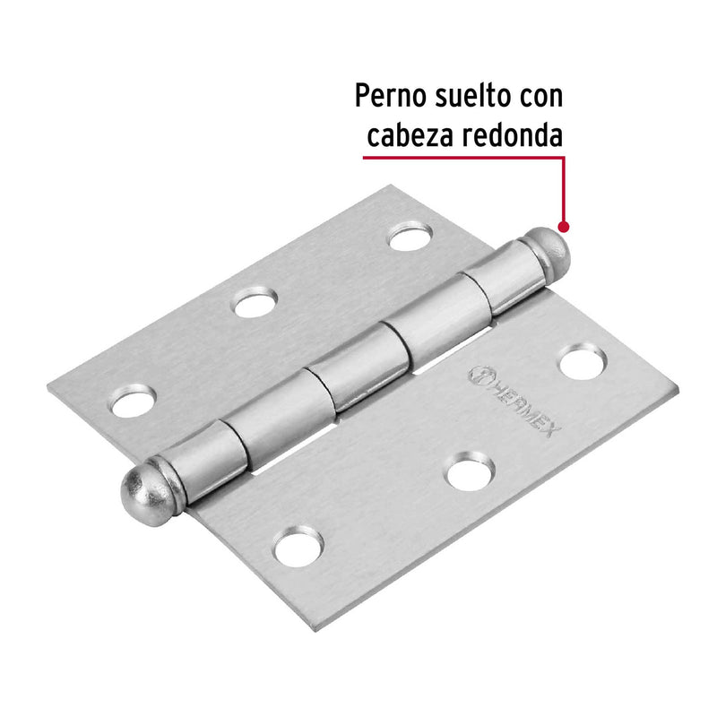 Bisagra cuadrada 3", acero cromo mate, redonda