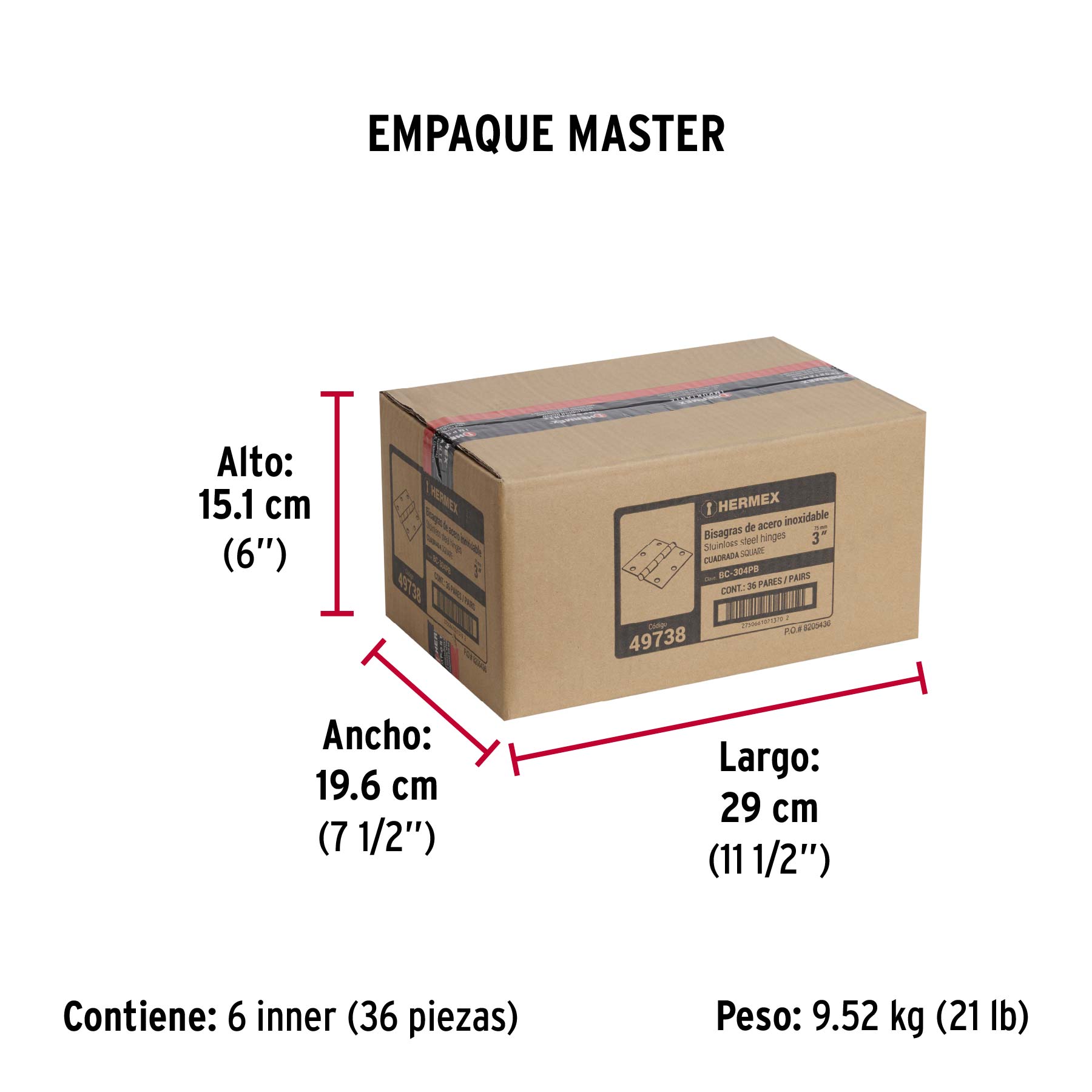 Bolsa c/2 bisagras cuadradas de 3' acero inox, plana
