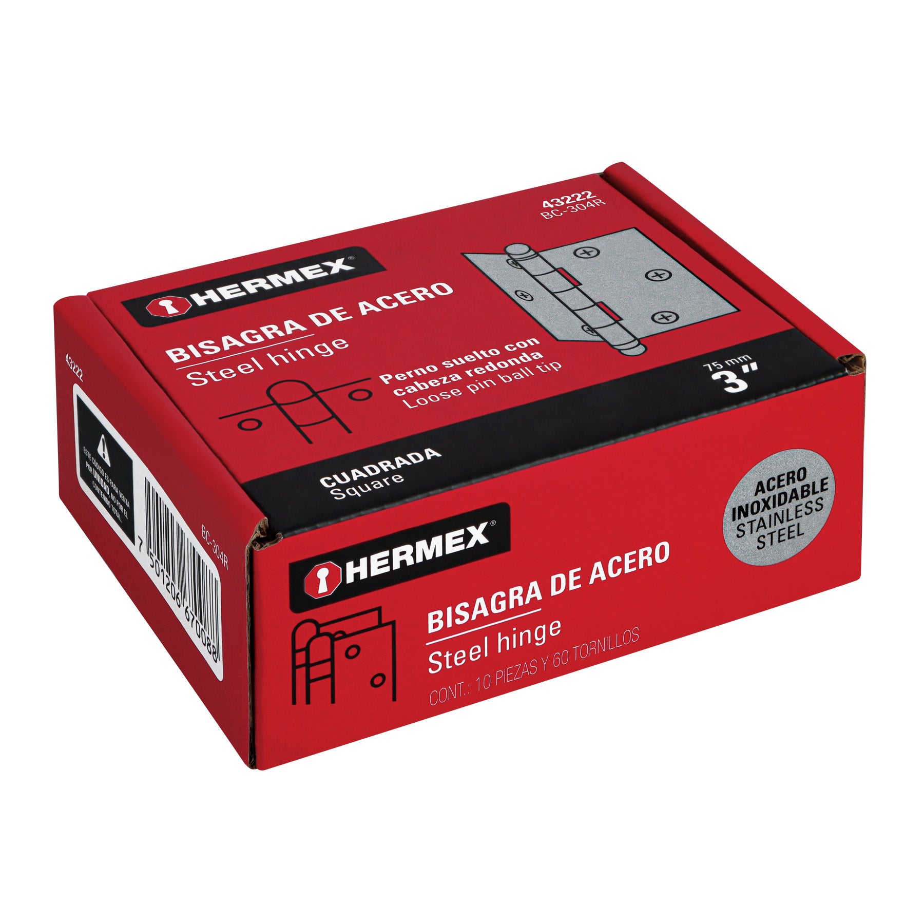 Bisagra cuadrada 3", acero inoxidable, redonda