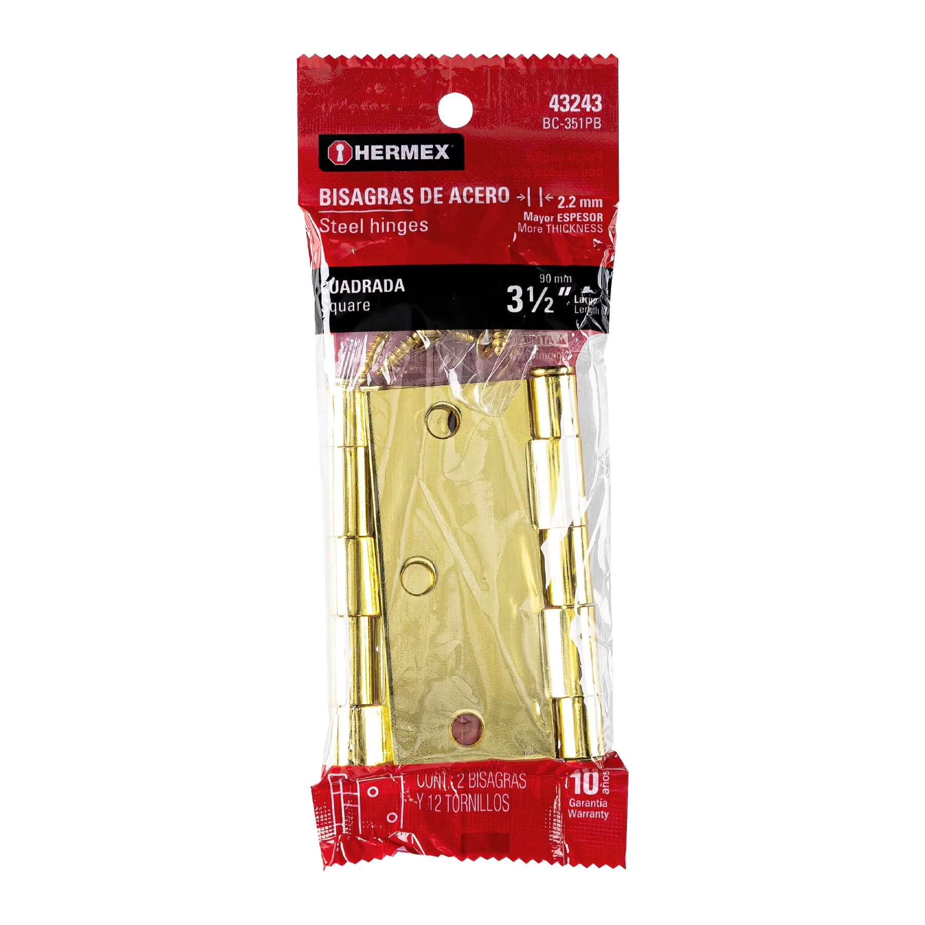 Bisagras cuadradas 3-1/2", acero latonado, plana, blíster 2