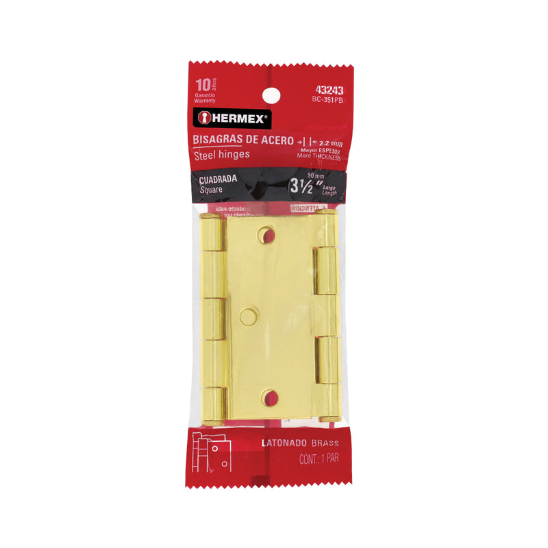 Bisagras cuadradas 3-1/2", acero latonado, plana, blíster 2