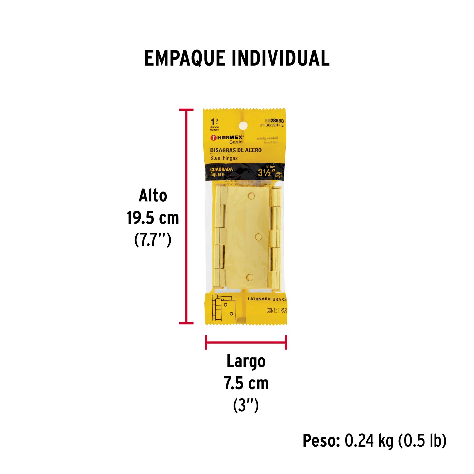 Bisagra cuadrada 3-1/2",acero latonado,blíster 2,HermexBasic