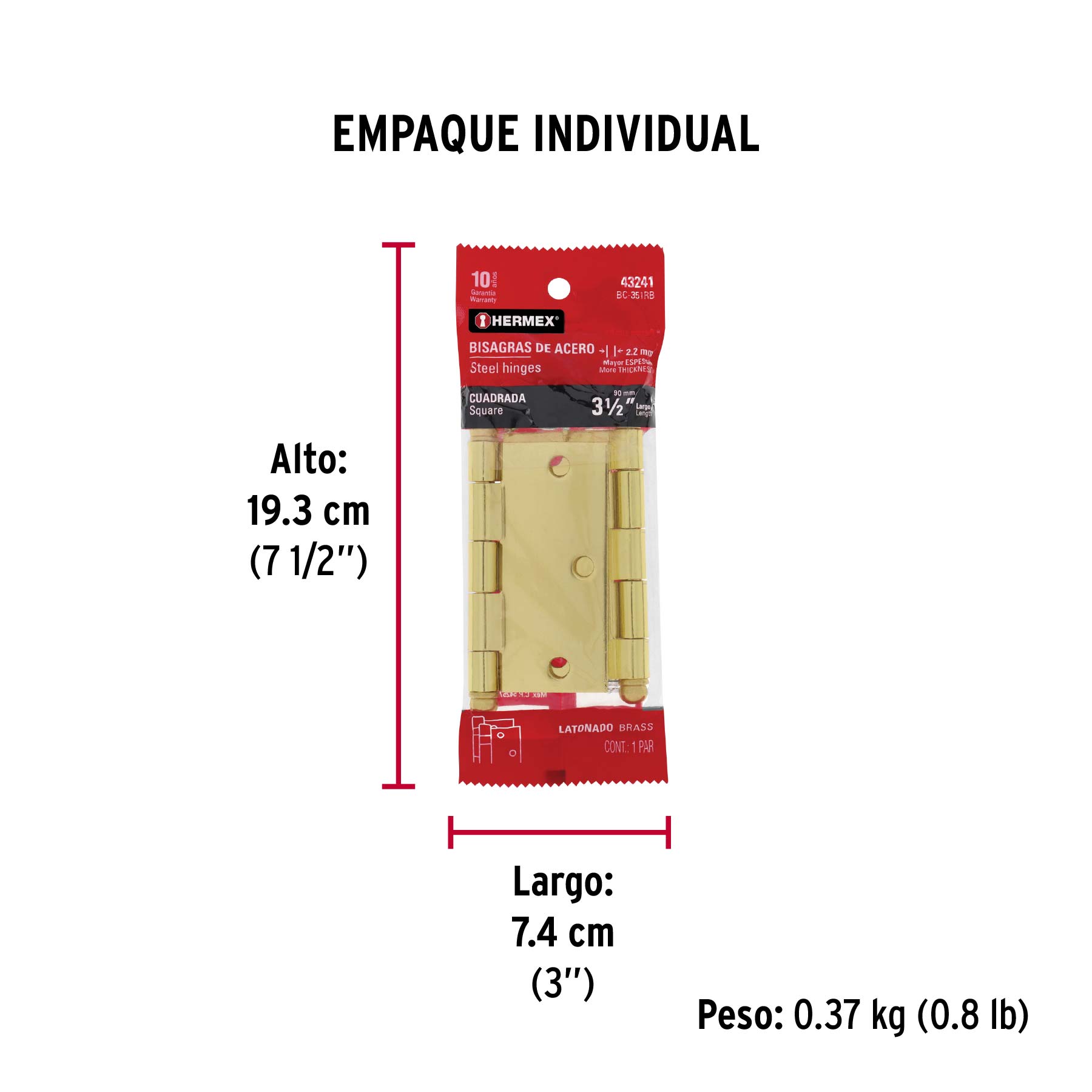 Bisagras cuadradas 3-1/2", acero latonado, redonda,blíster 2