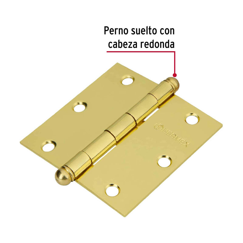 Bisagras cuadradas 3-1/2", acero latonado, redonda,blíster 2