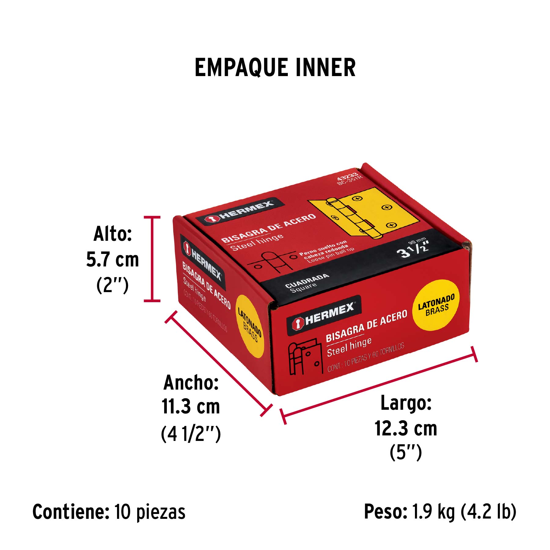 Bisagra cuadrada 3-1/2", acero latonado, redonda