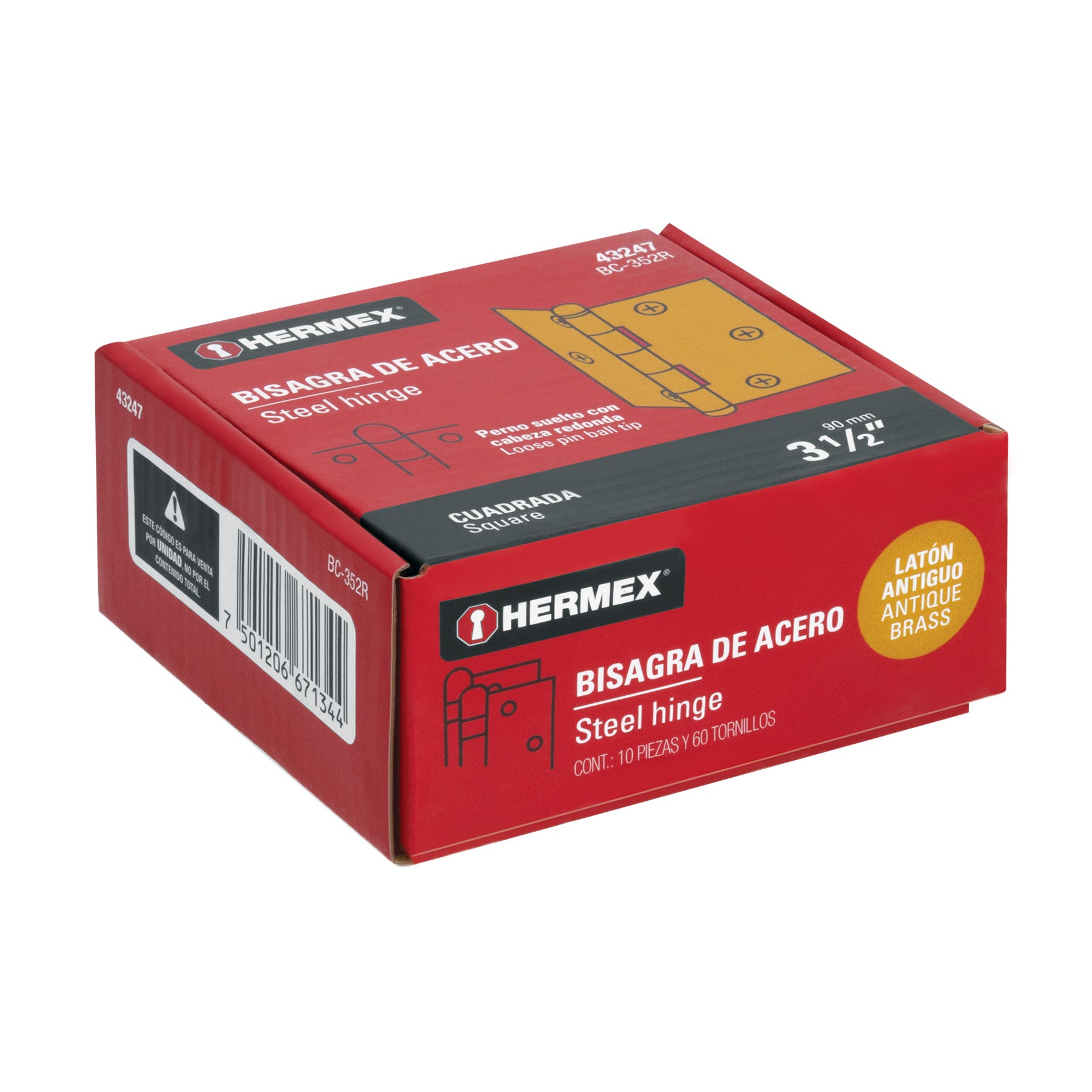 Bisagra cuadrada 3-1/2", acero latonado antiguo, redonda