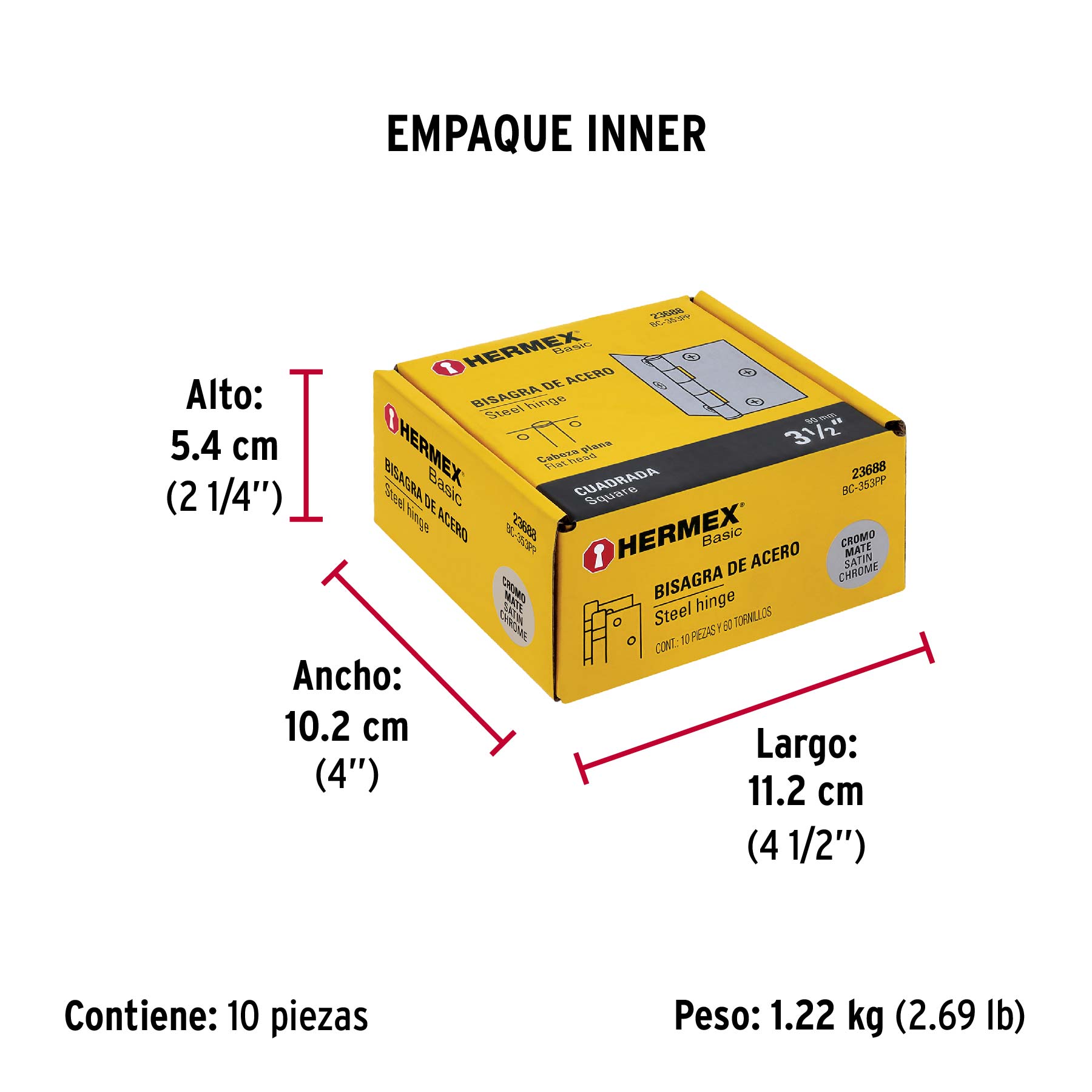 Bisagra cuadrada 3-1/2", acero cromo mate,plana,Hermex Basic