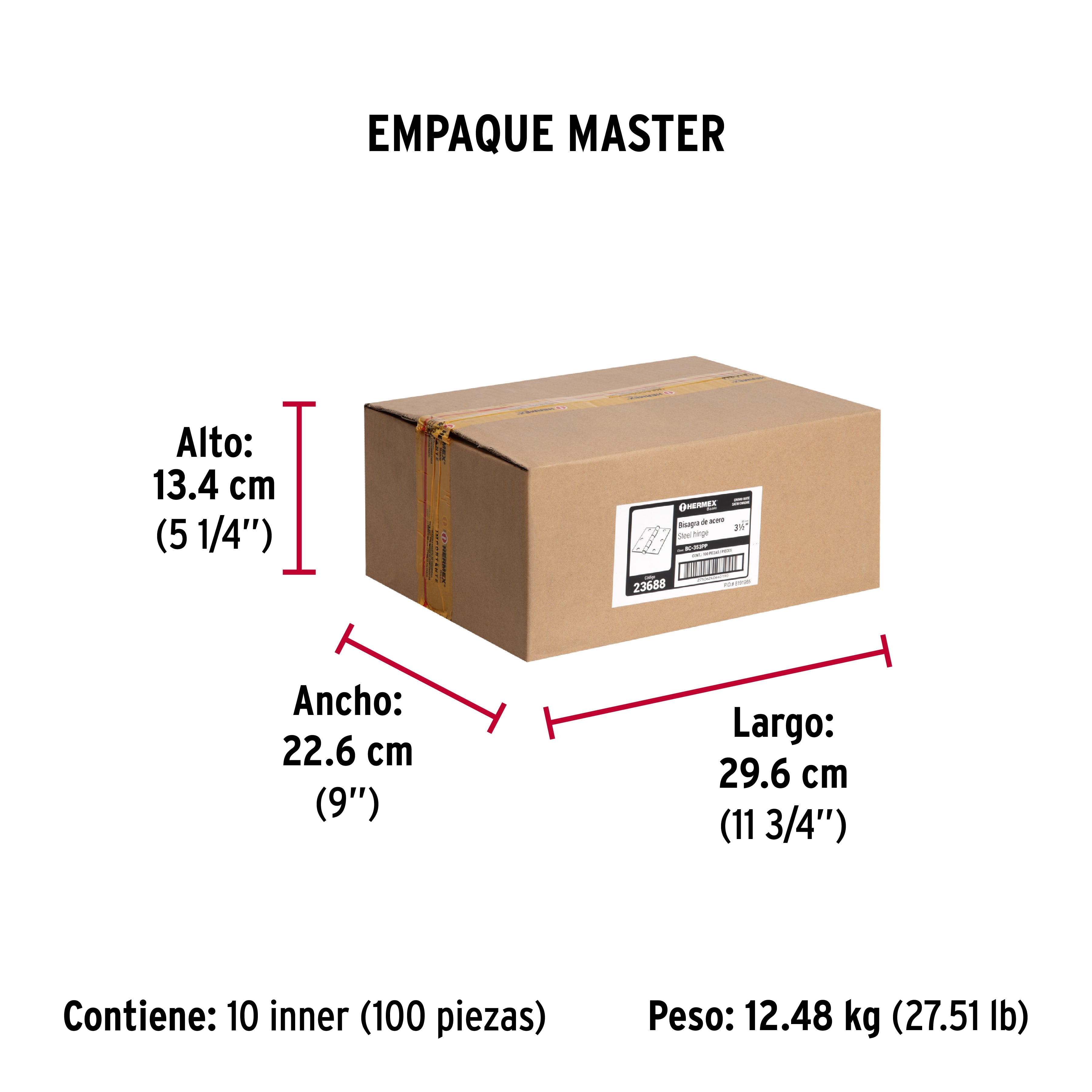 Bisagra cuadrada 3-1/2", acero cromo mate,plana,Hermex Basic
