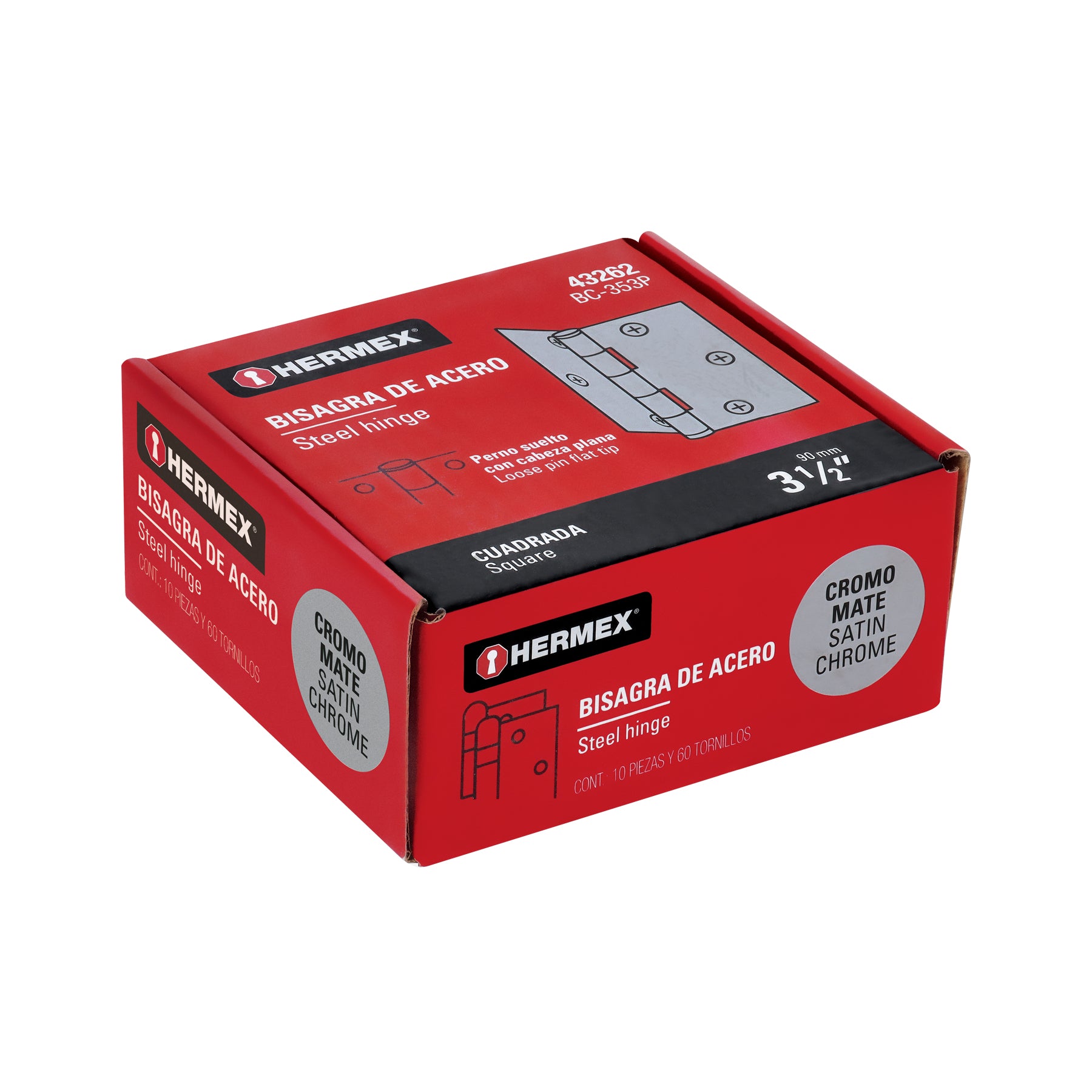 Bisagra cuadrada 3-1/2", acero cromo mate, plana