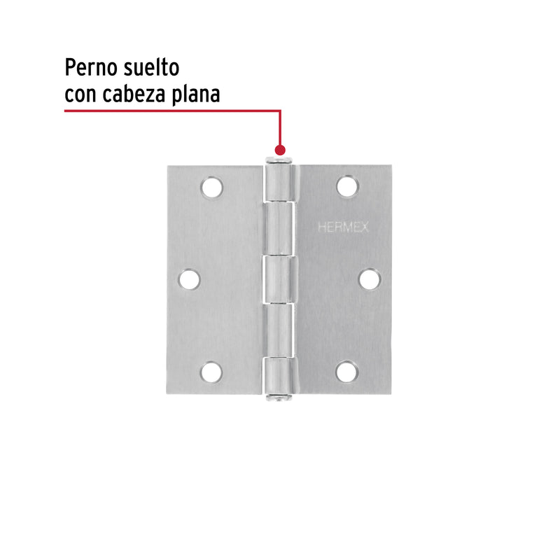Bisagra cuadrada 3-1/2", acero cromo mate, plana