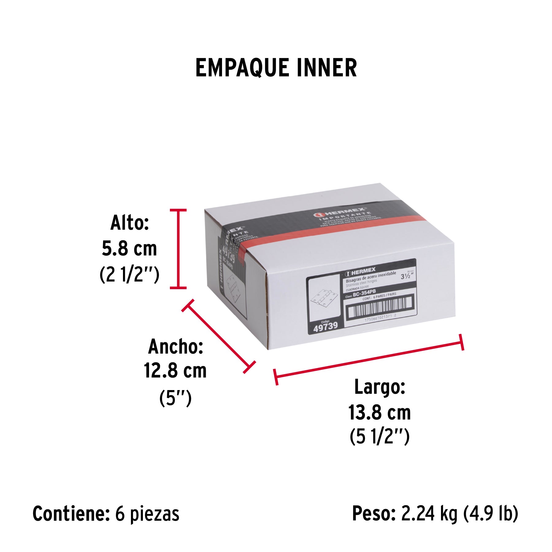 Bolsa c/2 bisagras cuadradas 3-1/2' acero inox, plana