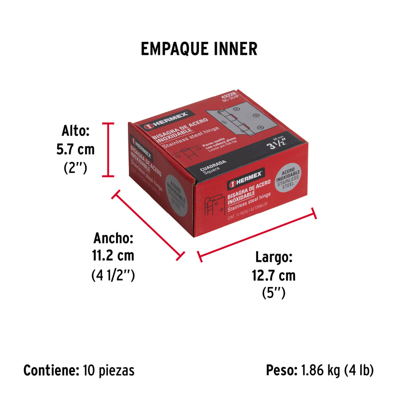 Bisagra cuadrada 3-1/2", acero inoxidable, plana