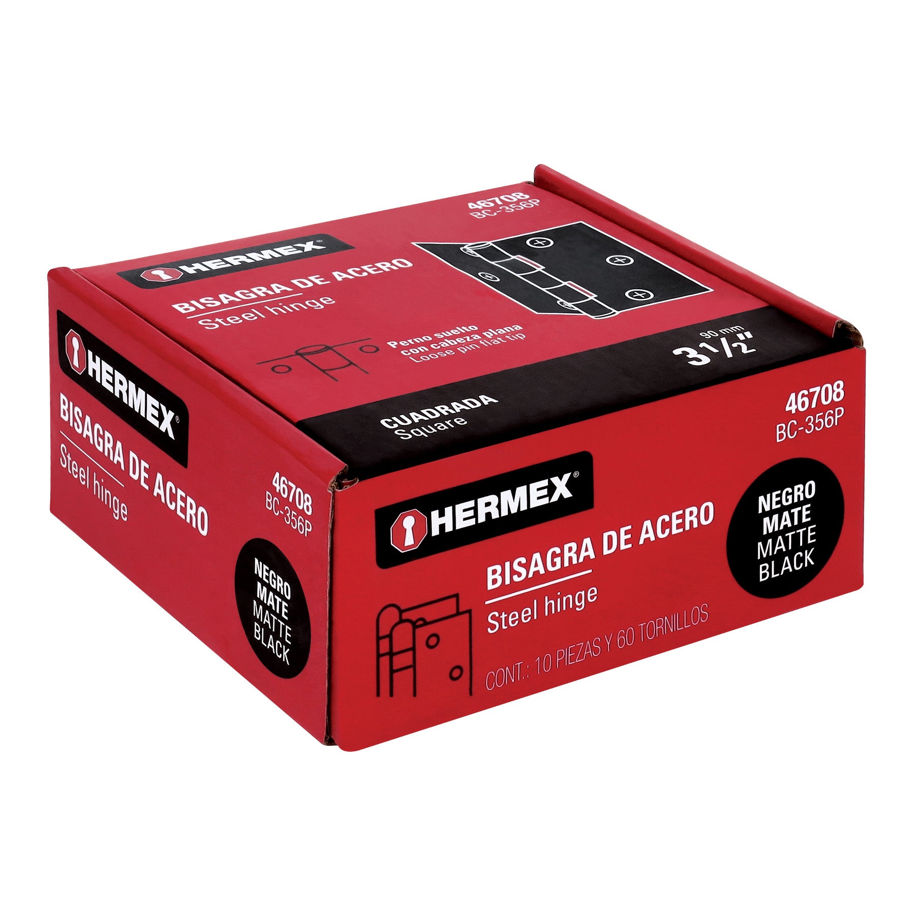 Bisagra cuadrada 3 1/2' acero negro, cabeza plana, Hermex