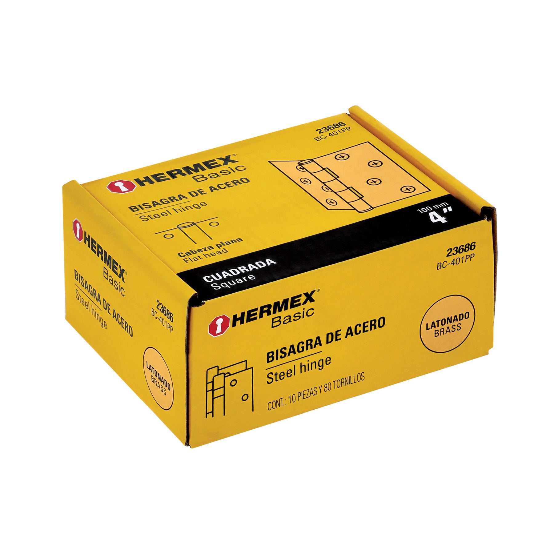 Bisagra cuadrada, 4", acero latonado, plana, Hermex Basic
