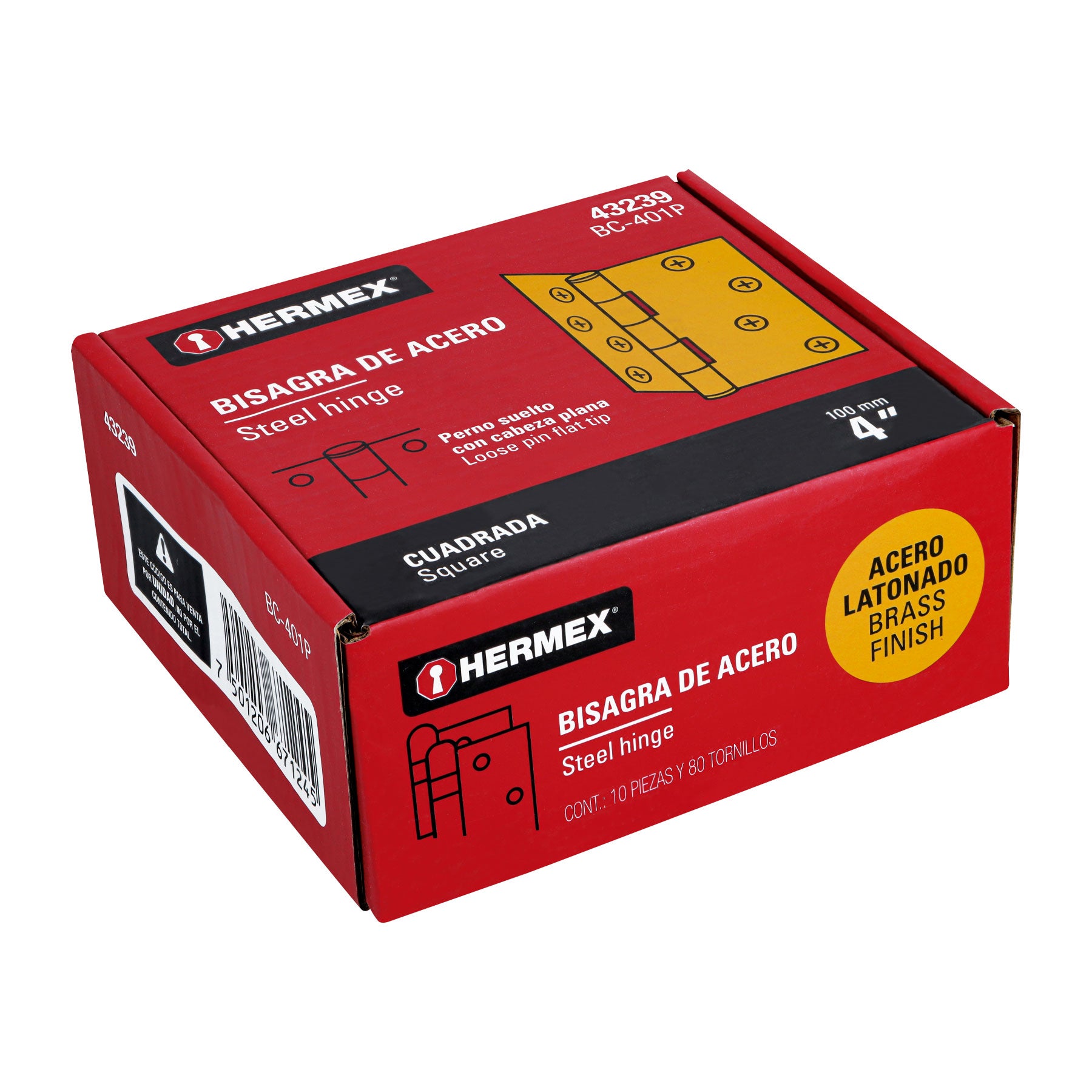 Bisagra cuadrada 4", acero latonado, plana