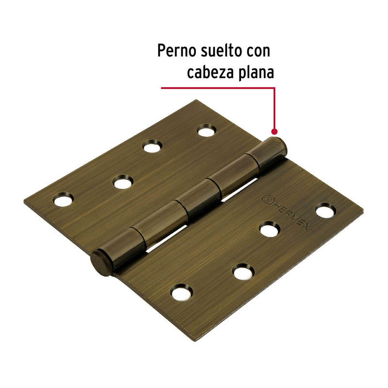 Bisagra cuadrada 4", acero latonado antiguo, plana