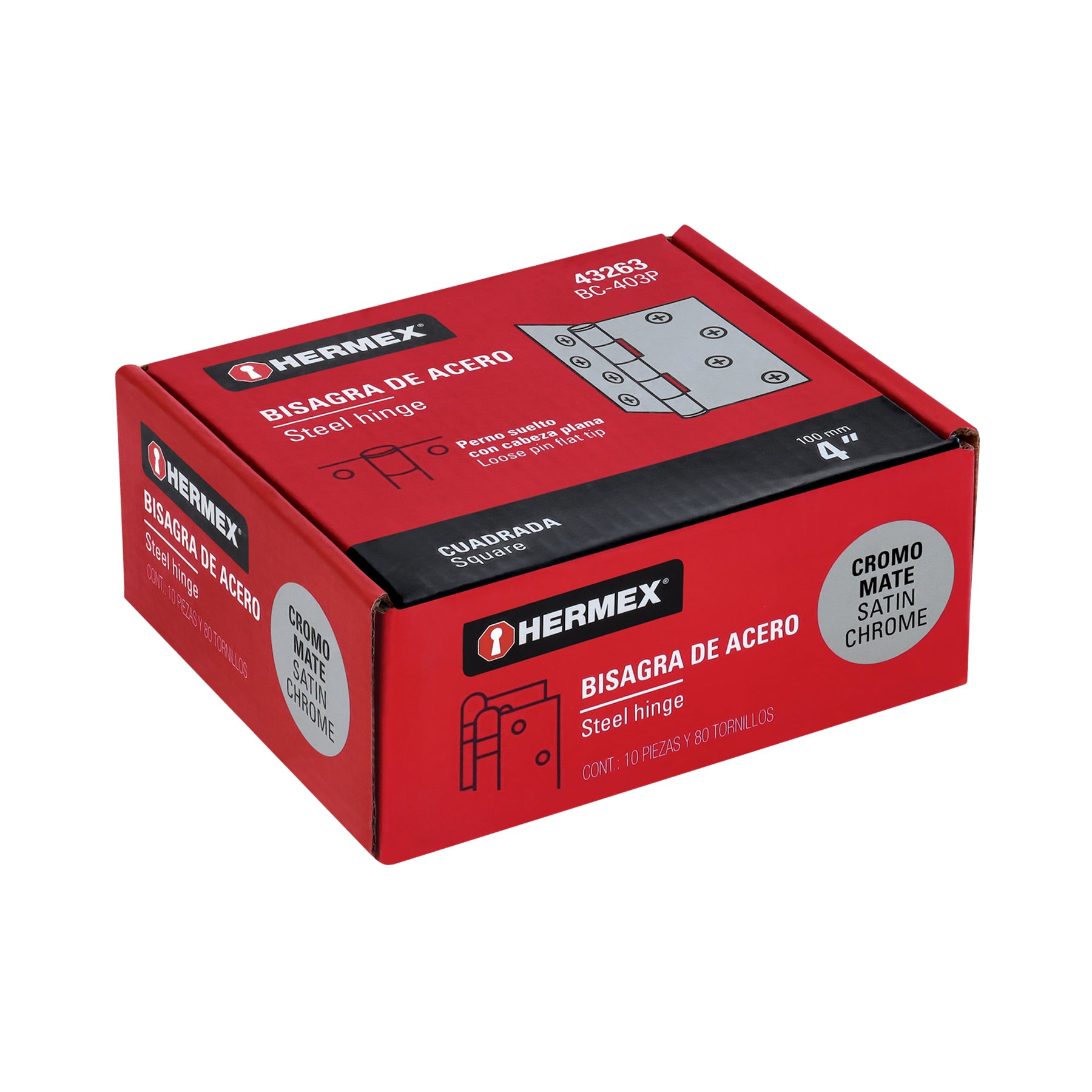 Bisagra cuadrada 4", acero cromo mate, plana