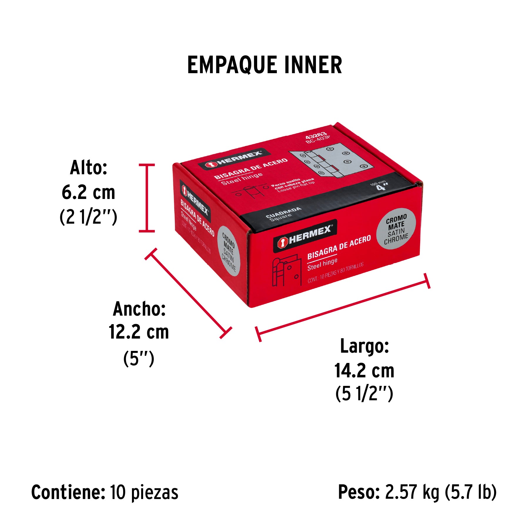 Bisagra cuadrada 4", acero cromo mate, plana