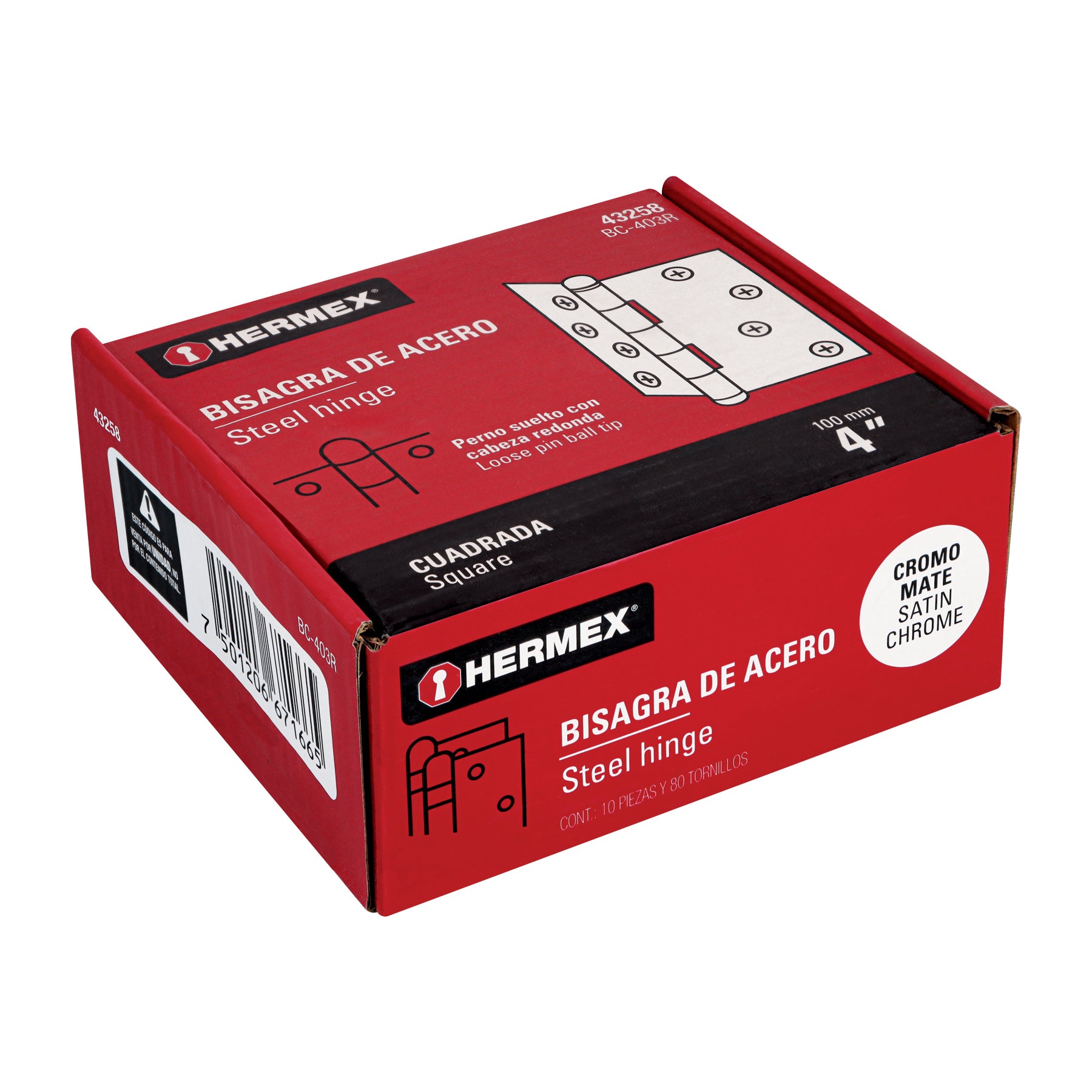 Bisagra cuadrada 4", acero cromo mate, redonda
