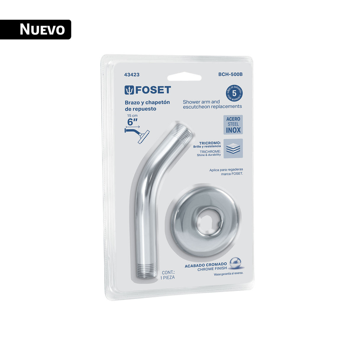 Brazo y chapetón para regadera, blíster, cromo, FOSET BASIC
