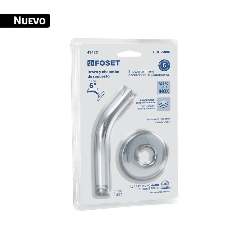 Brazo y chapetón para regadera, blíster, cromo, FOSET BASIC