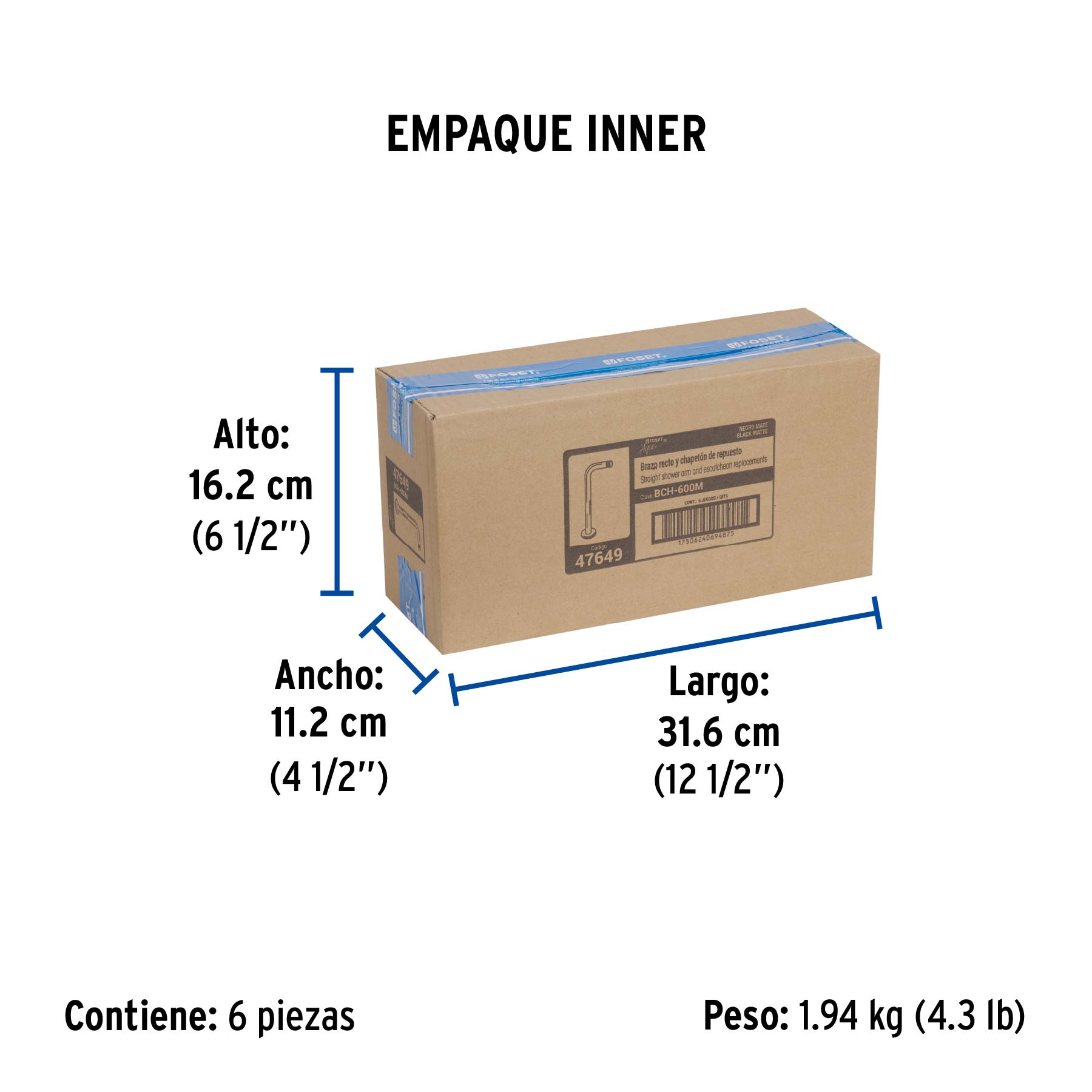 Brazo recto con chapetón para regadera, 40 cm, negro mate