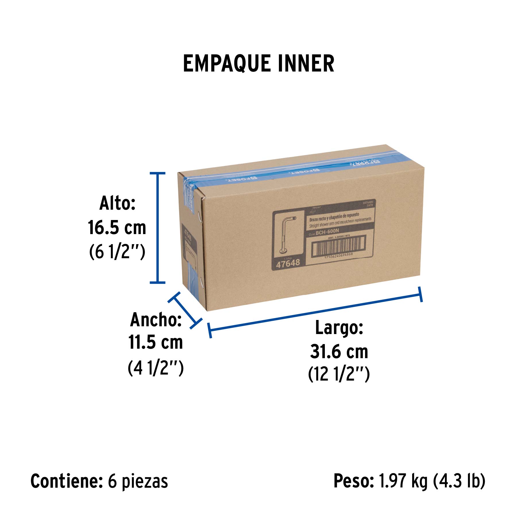 Brazo recto con chapetón para regadera, 40 cm, satín