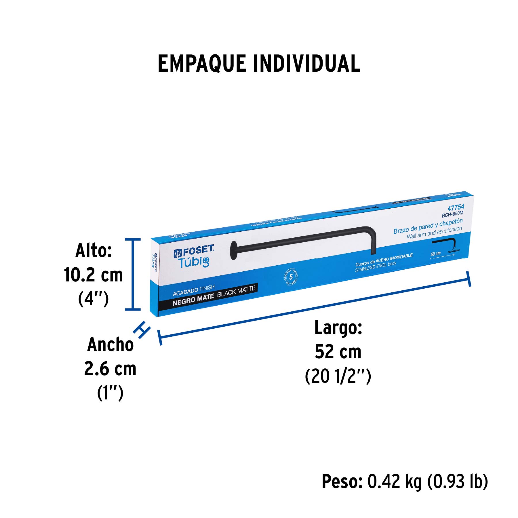 Brazo recto 50 cm con chapetón para regadera, negro mate