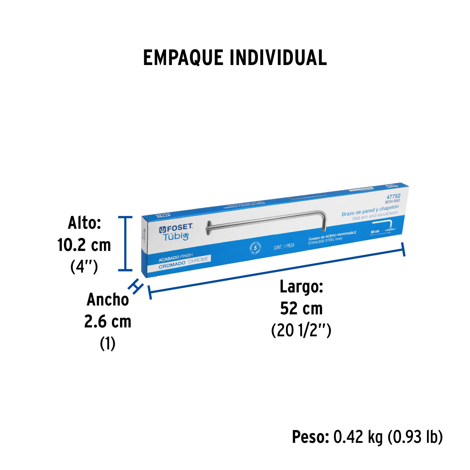 Brazo recto 50 cm con chapetón para regadera, cromo, Foset