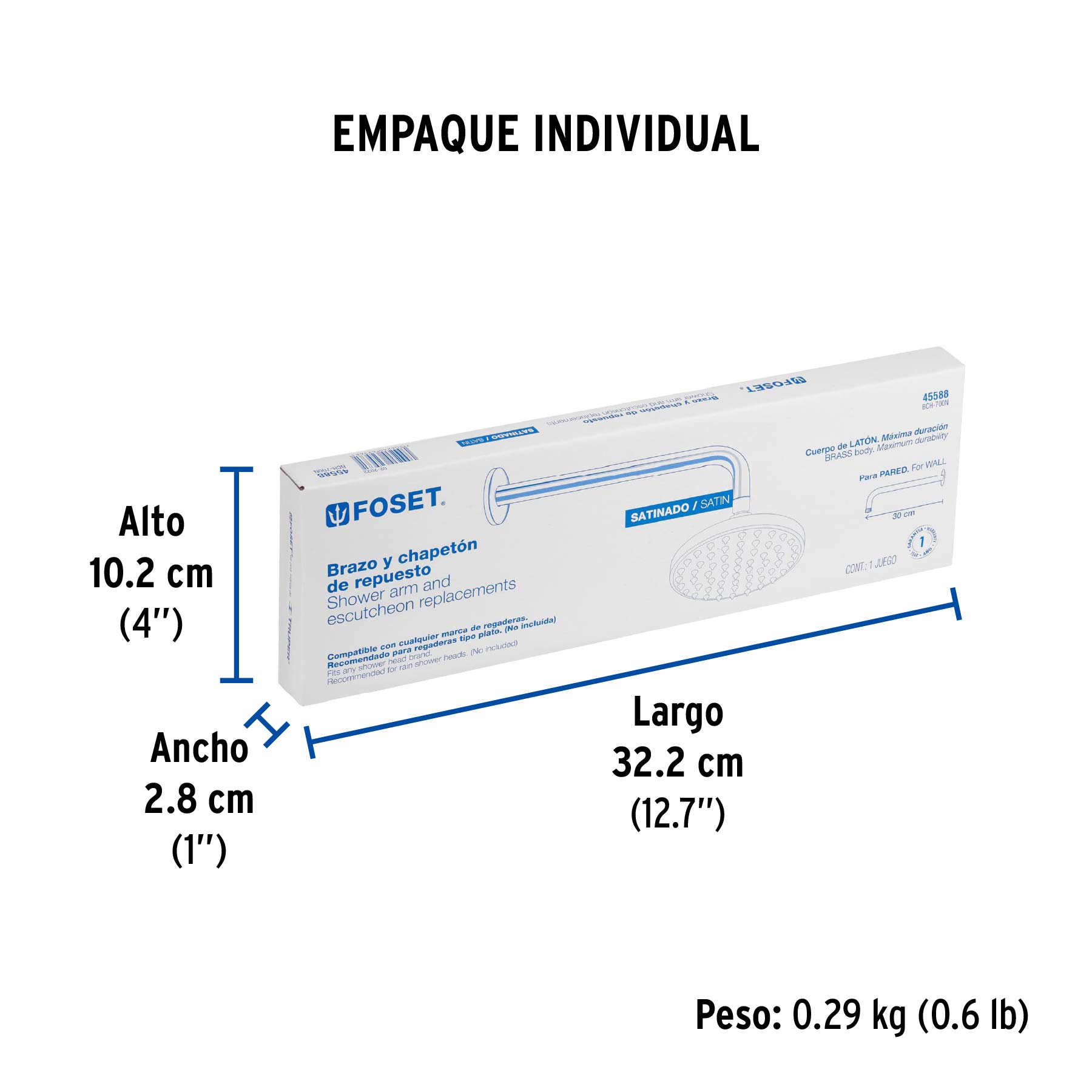 Brazo y chapetón de repuesto para regadera, 30 cm, satinado