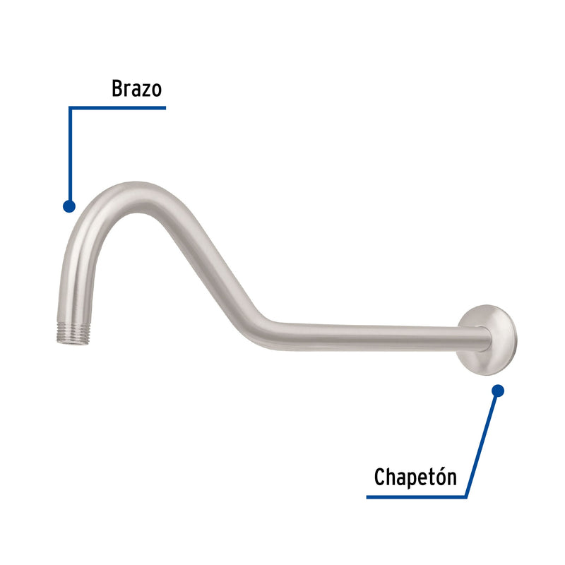 Brazo y chapetón tipo gancho para regadera, 50 cm, satinado