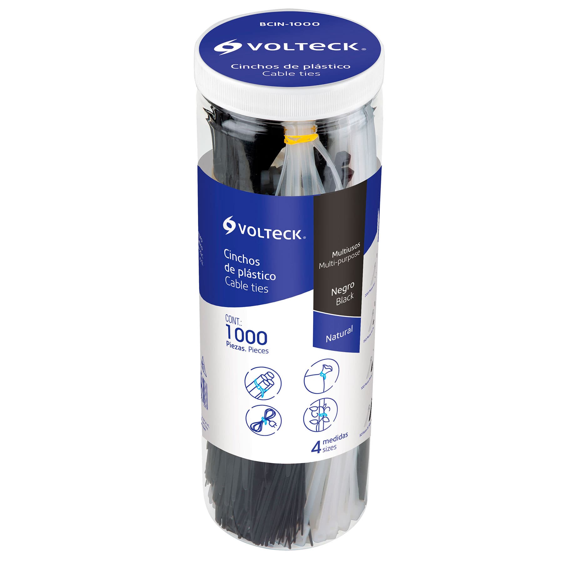 Cincho plástico, blanco y negro, bote con 1000 piezas