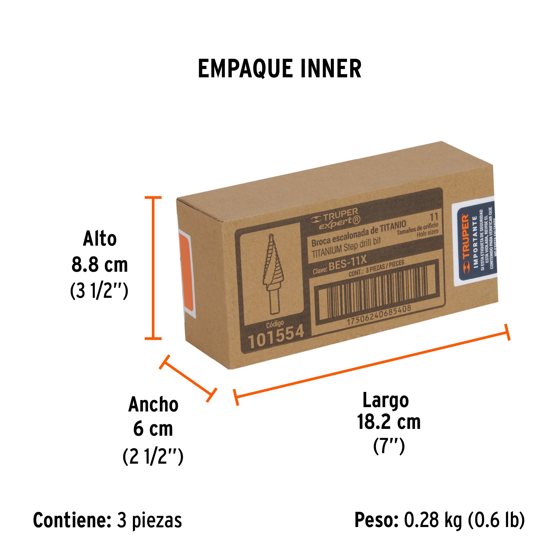 Broca escalonada titanio 11 escalones 1/4' a 7/8', Expert
