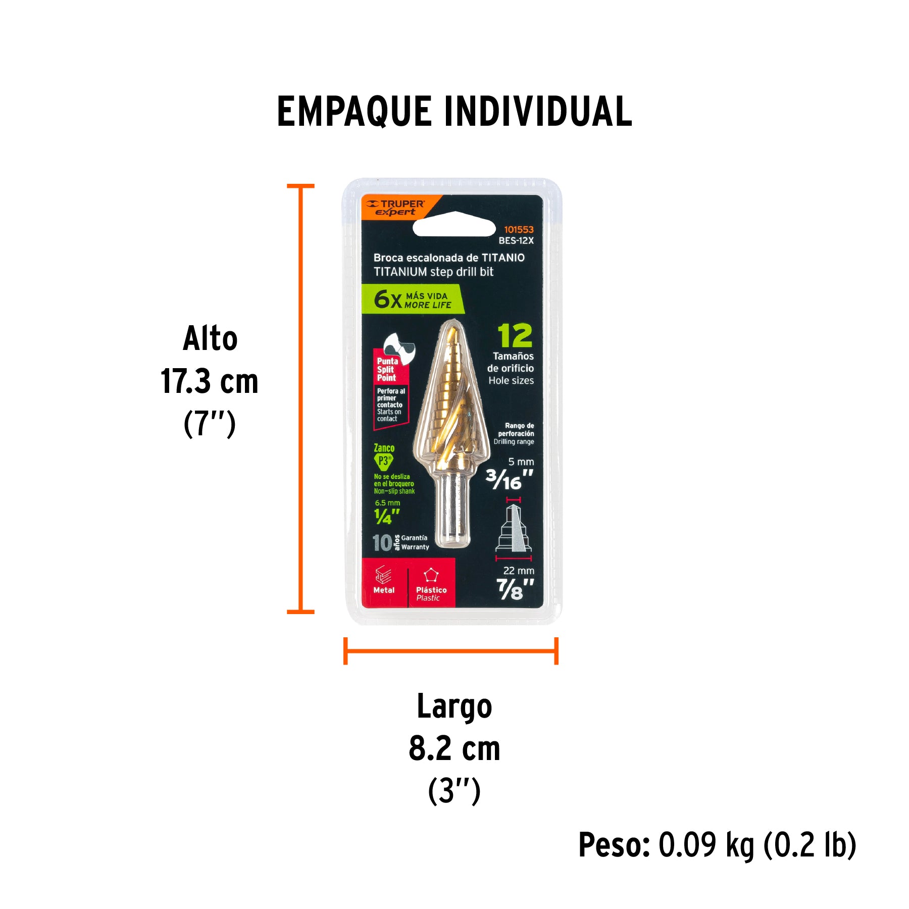 Broca escalonada titanio 12 escalones 3/16' a 7/8', Expert
