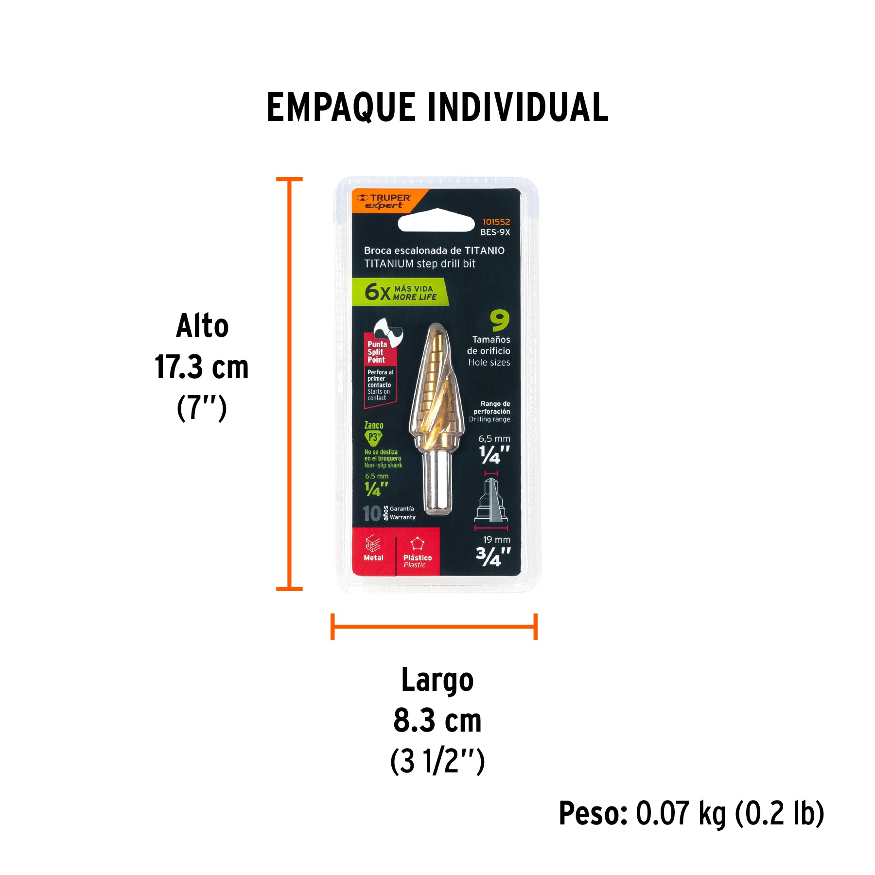 Broca escalonada titanio 9 escalones 1/4' a 3/4', Expert