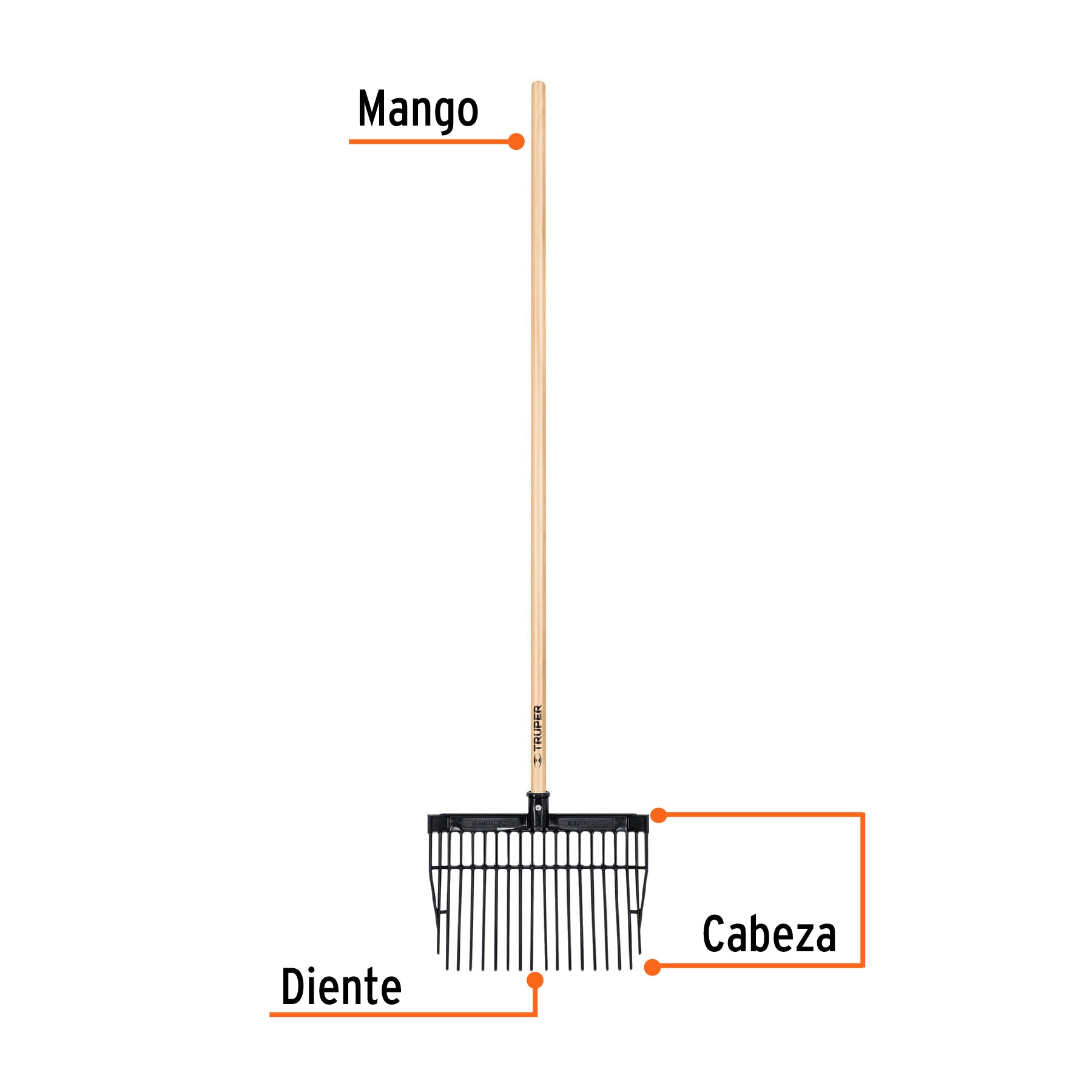 Bieldo cabeza plástica, mango de madera,16 dientes
