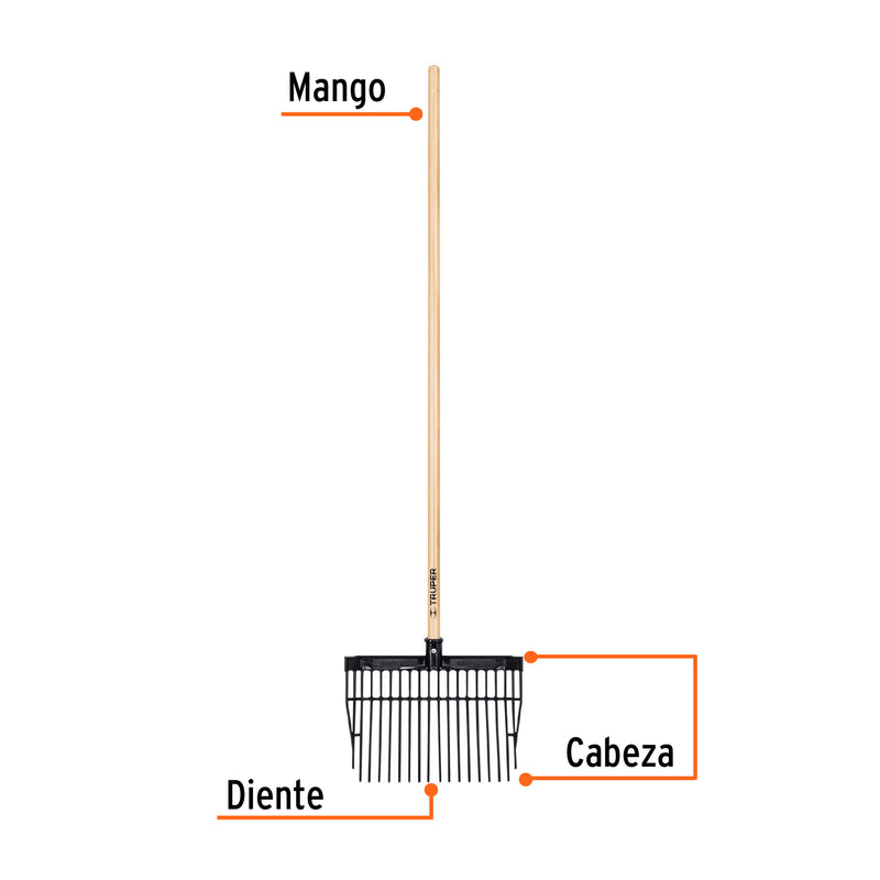 Bieldo cabeza plástica, mango de madera,16 dientes