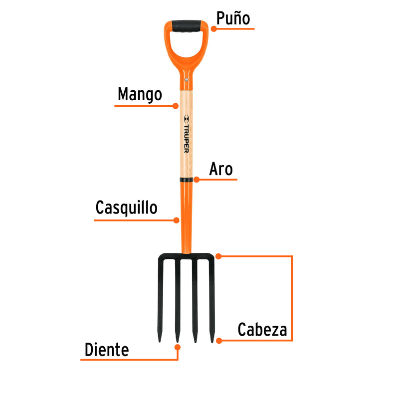 Bieldo para jardín, 4 dientes, Puño T2000, con TPR, mango 27