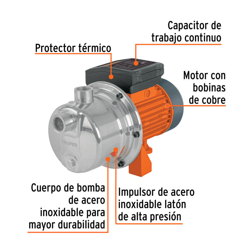 Bomba eléctrica para agua, tipo jet, acero inoxidable, 1/2HP