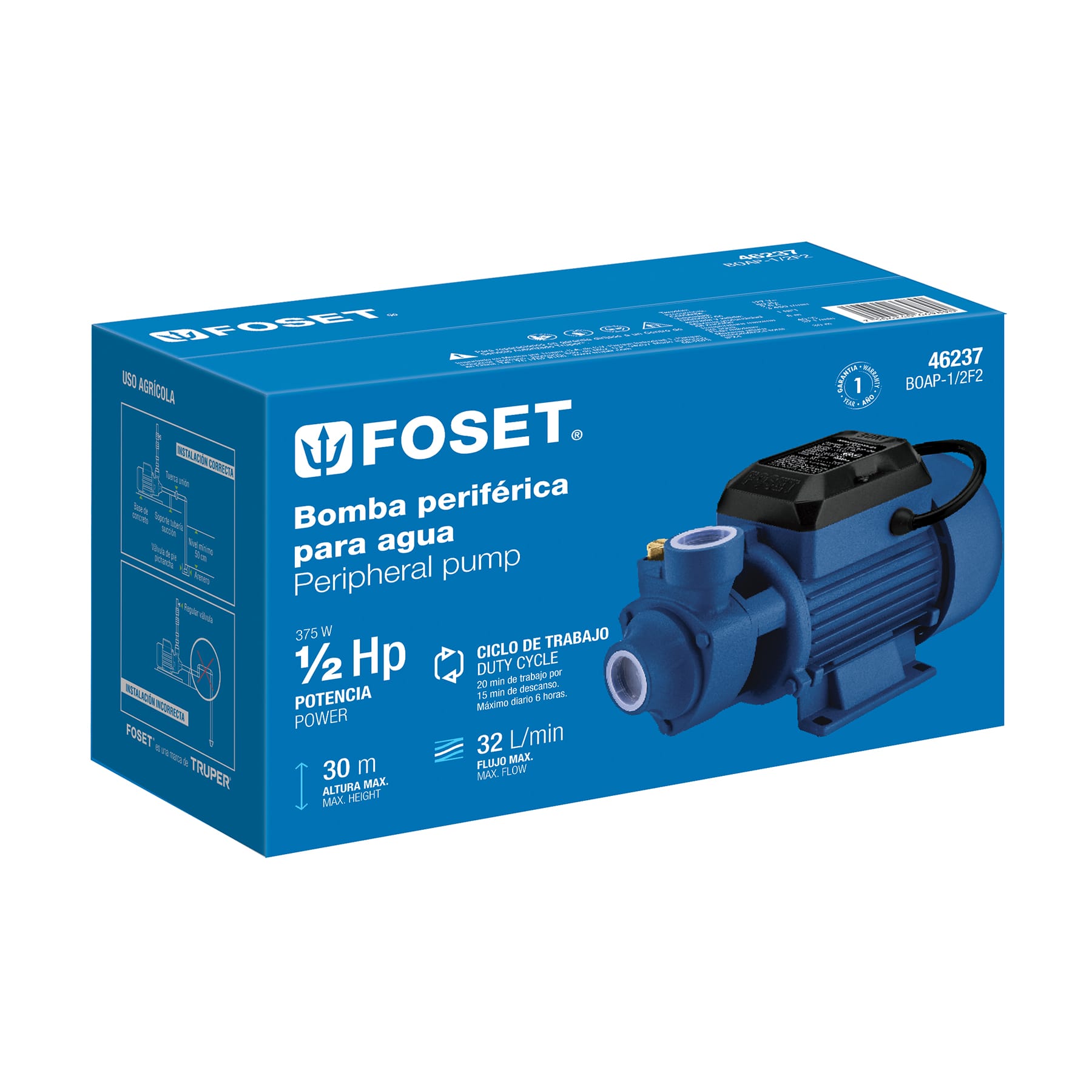 Bomba periférica 1/2 HP, altura máxima 30 m, Foset