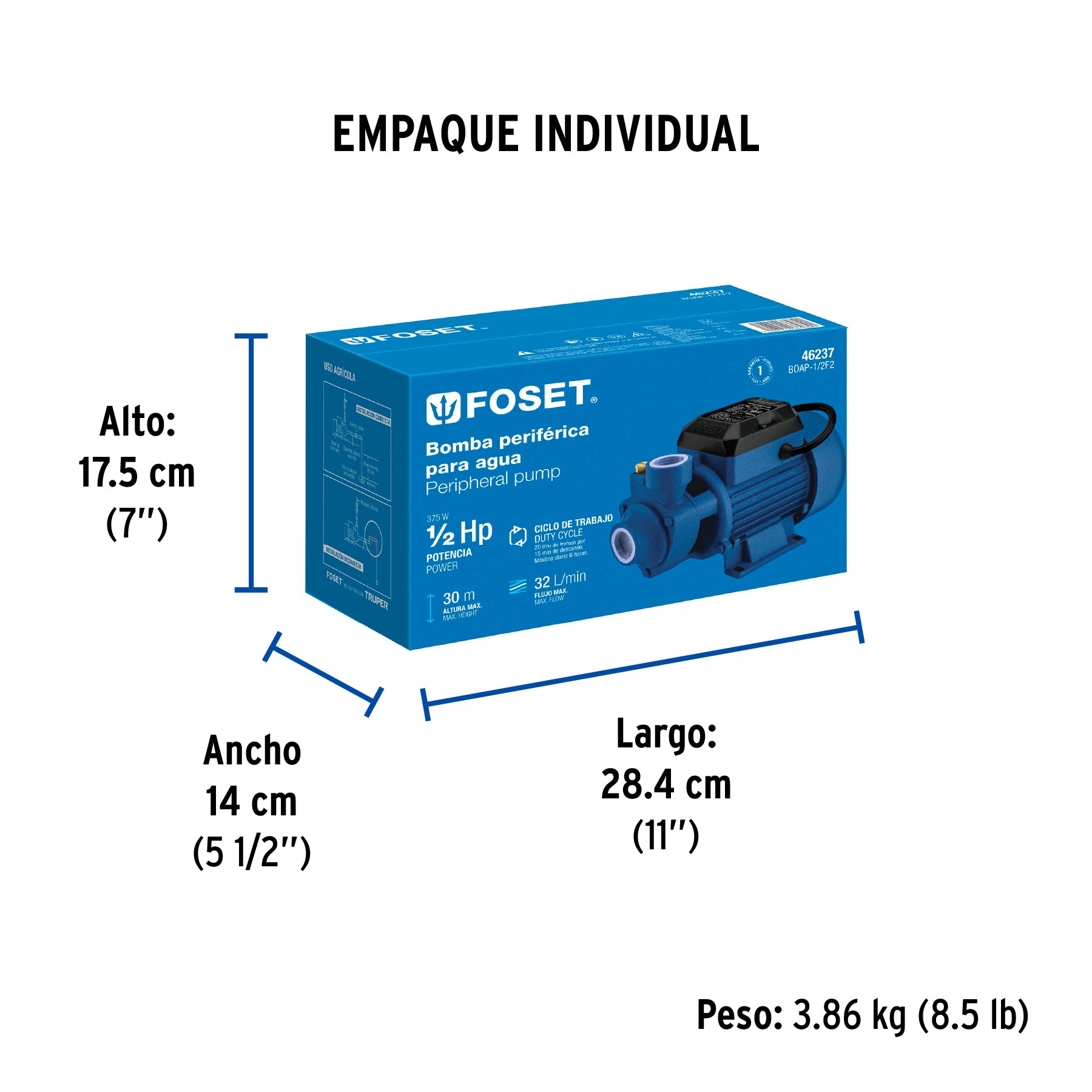 Bomba periférica 1/2 HP, altura máxima 30 m, Foset