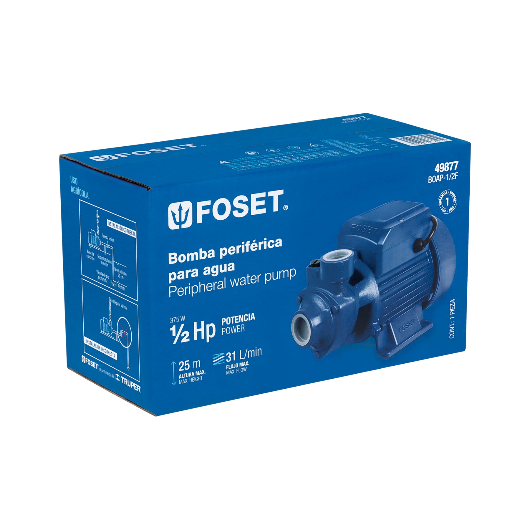 Bomba eléctrica periférica para agua 1/2 HP, Foset