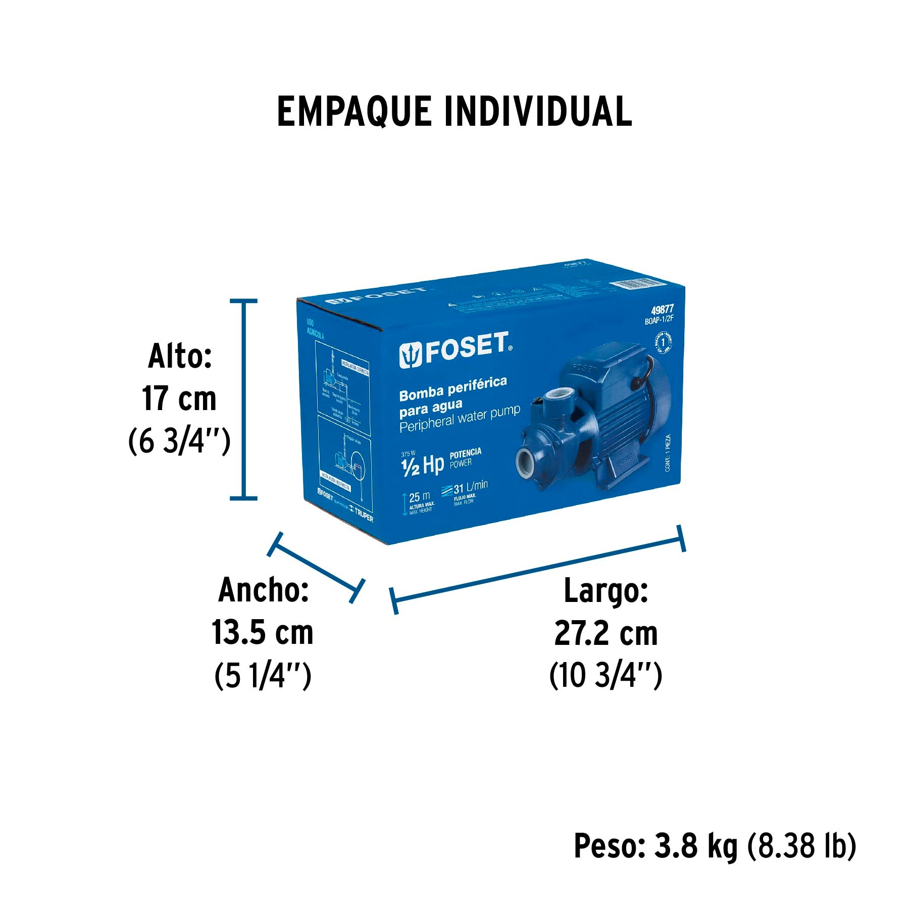 Bomba eléctrica periférica para agua 1/2 HP, Foset