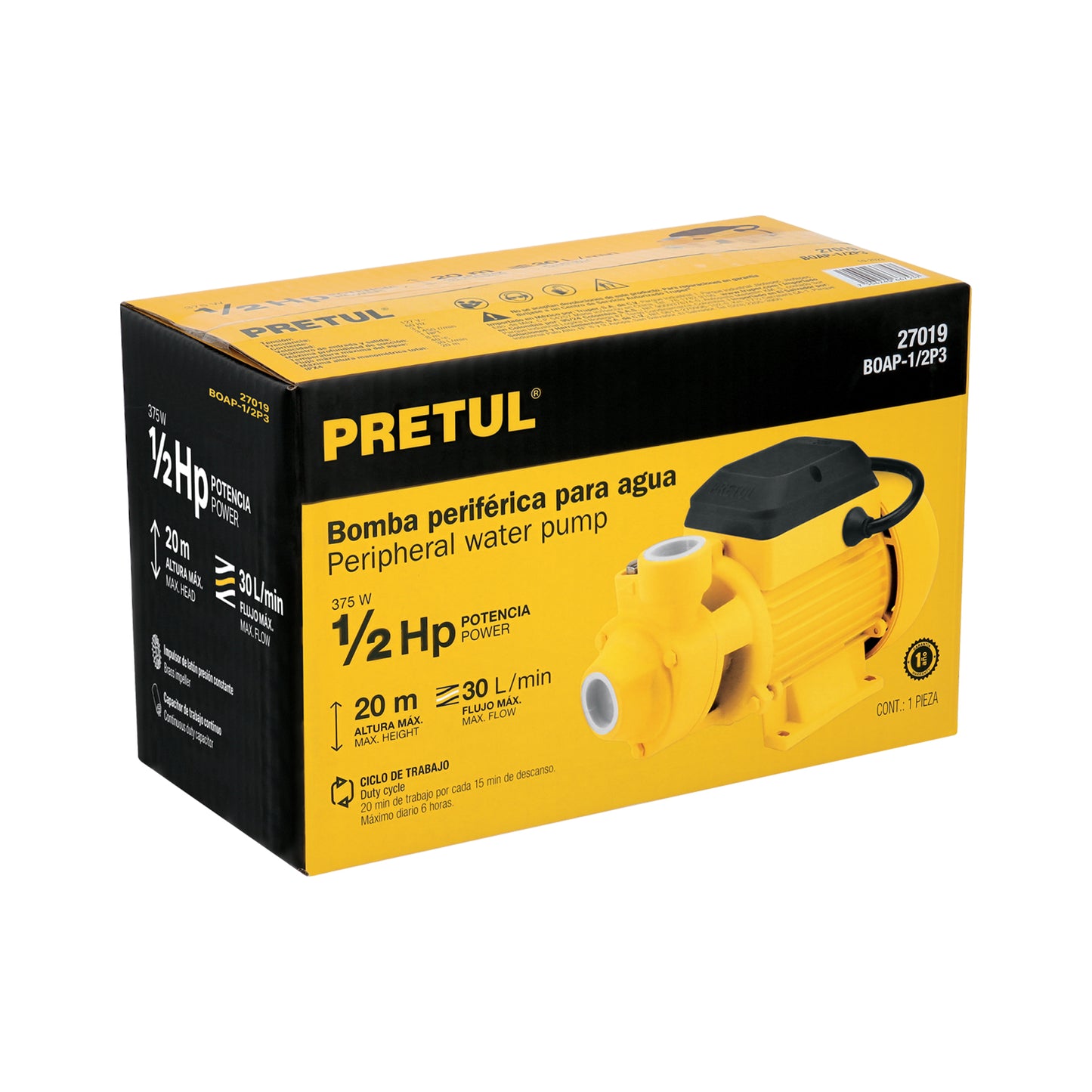 Bomba eléctrica periférica para agua 1/2 Hp, Pretul