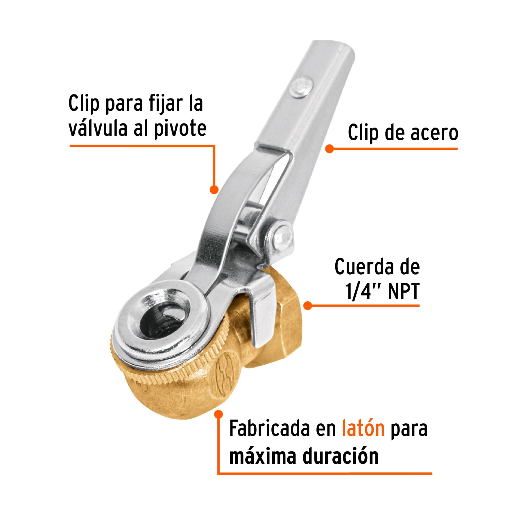 Inflador de latón con clip, cuerda 1/4 npt