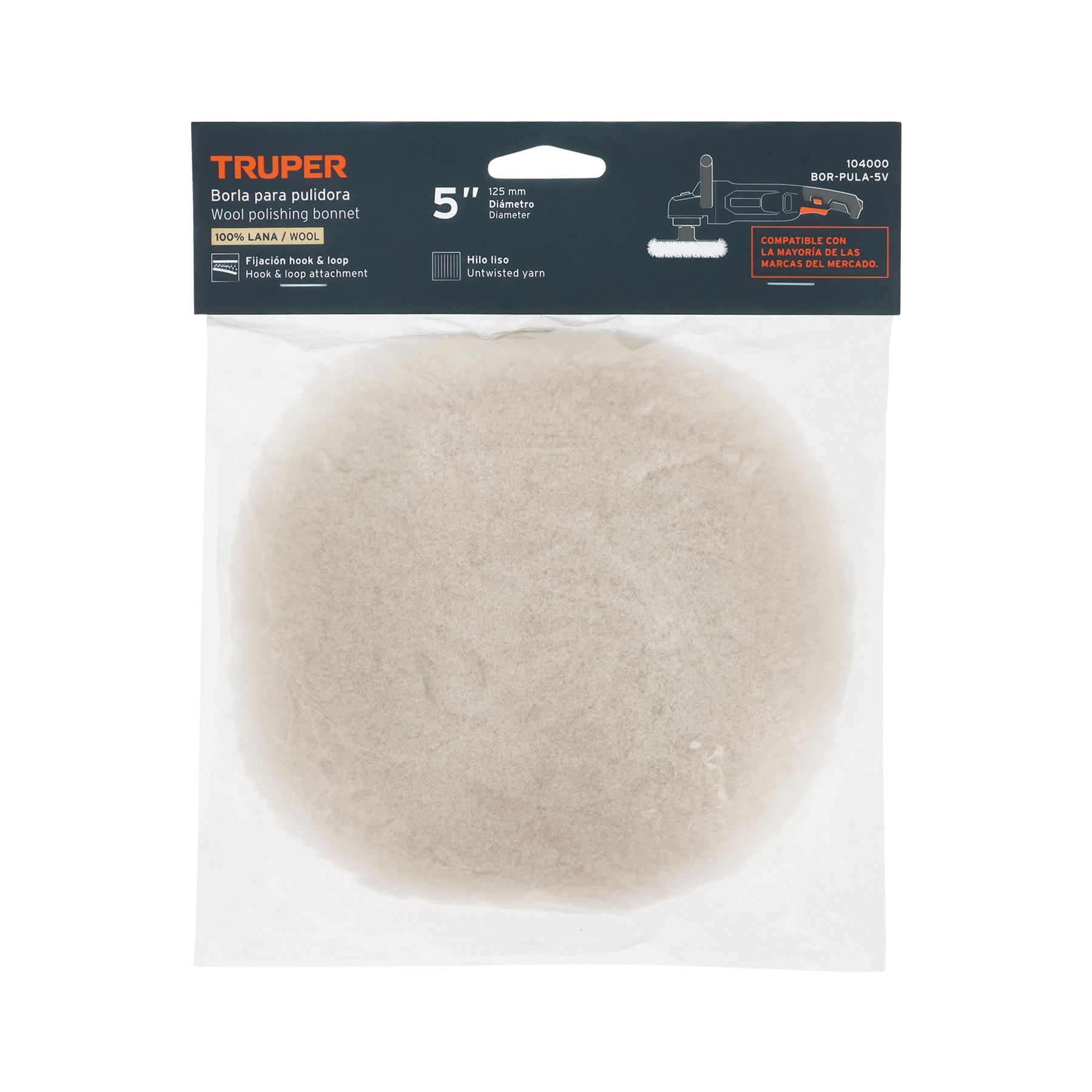 Borla p/pulir de lana de 5' hook and loop, TRUPER