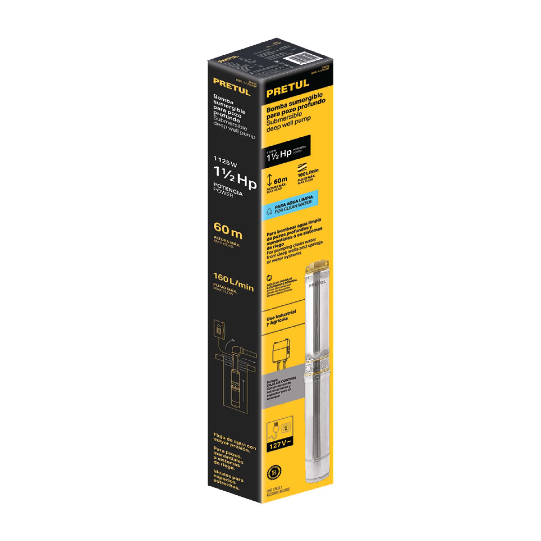 Bomba sumergible, tipo bala, 1-1/2 HP, agua limpia, Pretul