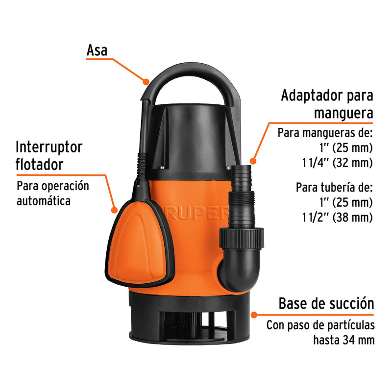 Bomba sumergible plástica para agua sucia 1-1/2 HP